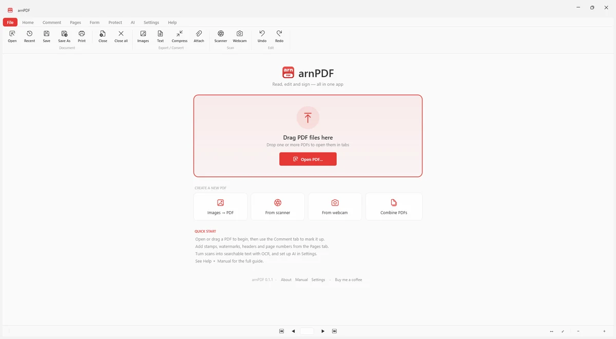 หน้าจอเริ่มต้นของ arnPDF